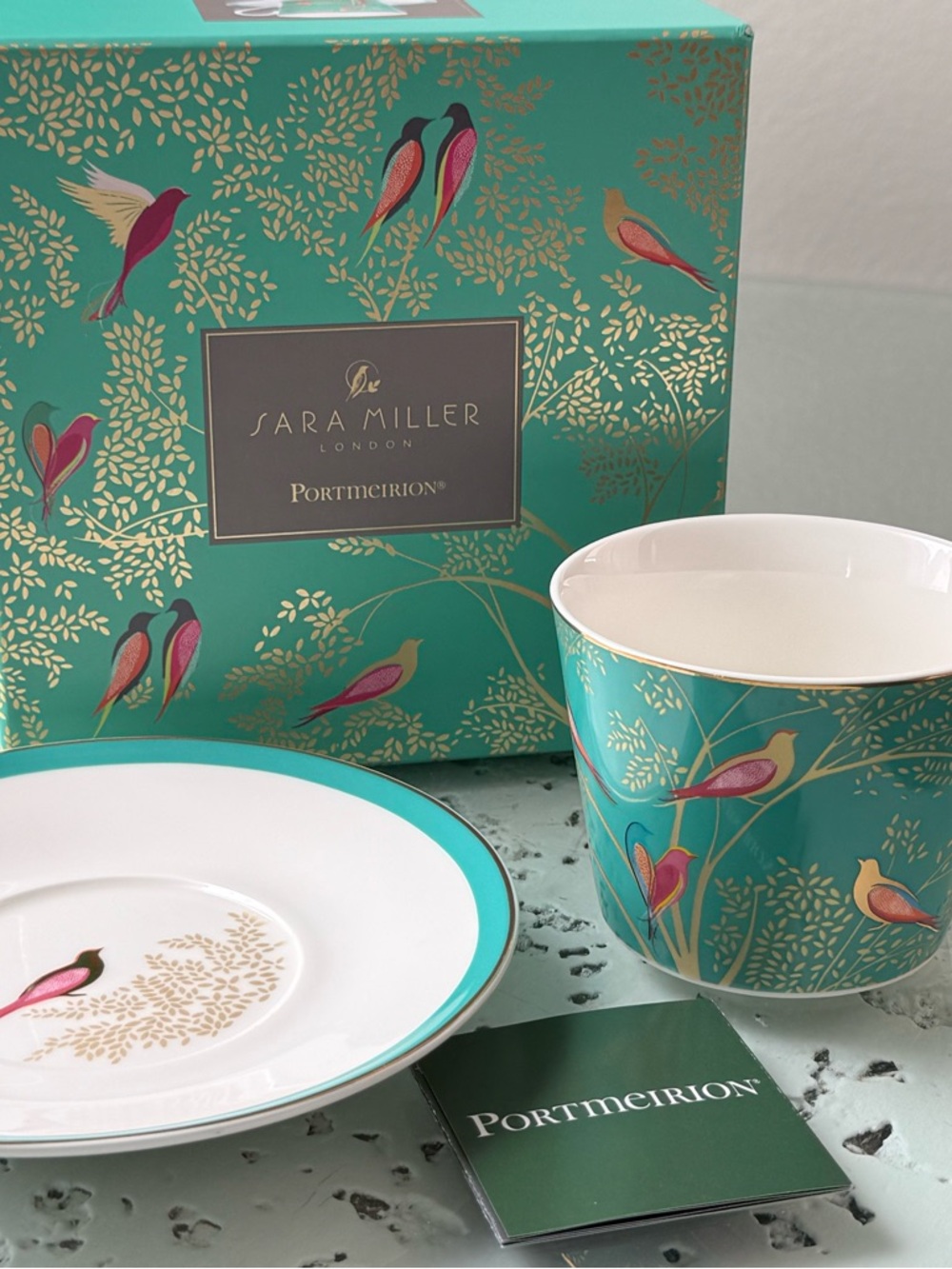 NIB Portmeirion Sara Miller Turquoise Bird Porcelain Cup & Saucer Green